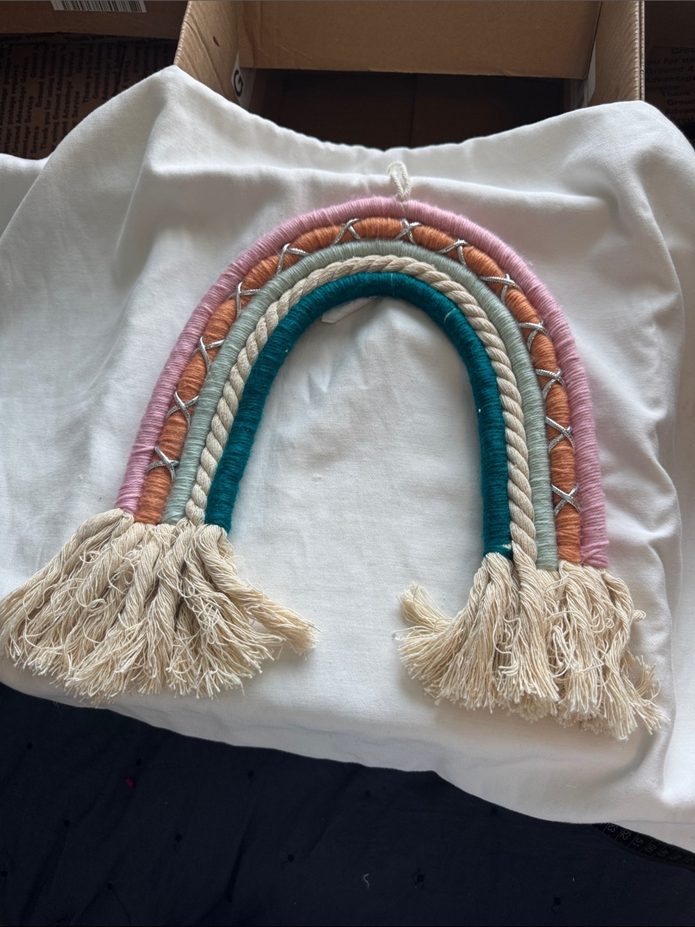 Huntington Home Pink, Orange, Teal, Natural Macrame Rainbow Wall Hanging